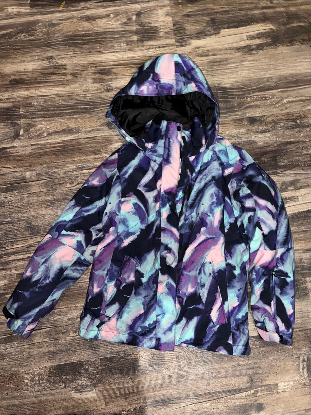 Roxy Kids Hooded Ski Jacket in Purple, Blue & Pink Abstract Print